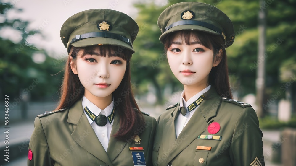 Cute Asian Girl In Military Suit Background Cute Asian Girl In Military Suit Background