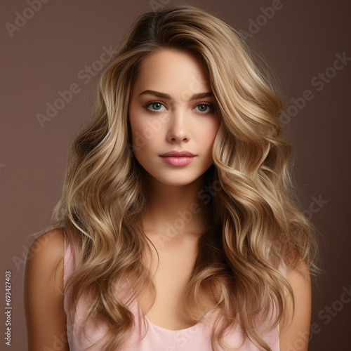 Photo of a woman with long brown well-groomed hair on a light monochrome beige-pink background