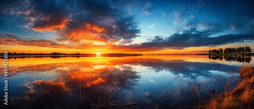 serene sunrise panorama: tranquil reflections on a lake's horizon