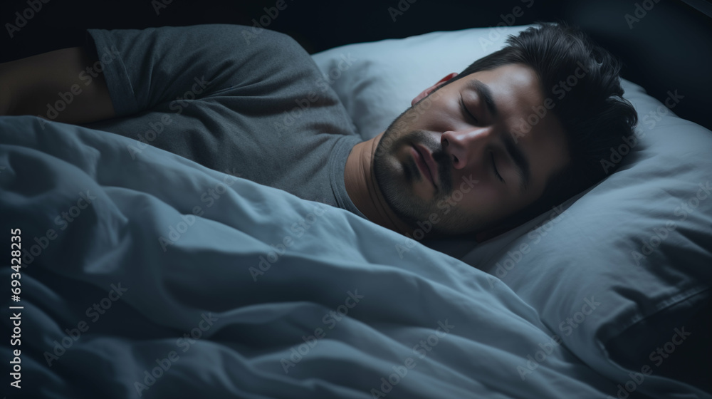 Handsome Caucasian man peacefully sleeping on a bed. Restful sleep, asleep. Generative AI. Handsome Caucasian man peacefully sleeping on a bed. Restful sleep, asleep. Generative AI.
