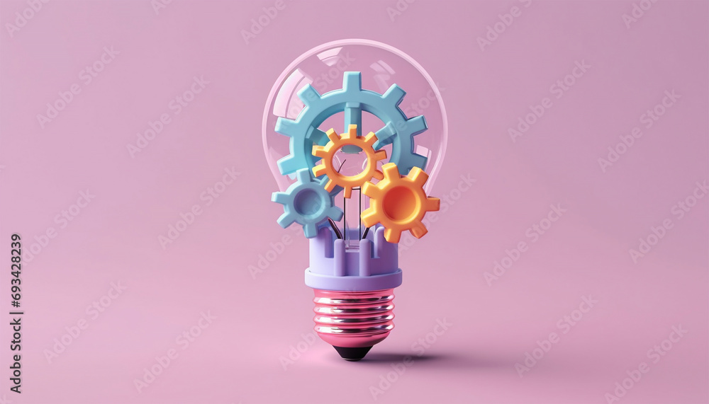 Light bulb and gears 3d render. Innovation concept. Insight icon isolated on pastel background. 3D Illustration. Pink,purple and blue. Glow Idea,teamwork,brainstorming design - obrazy, fototapety, plakaty 
