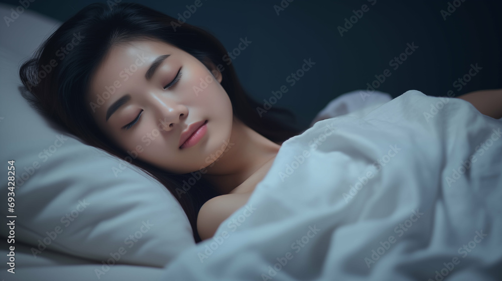 Beautiful Asian woman peacefully sleeping on a bed. Restful sleep, asleep. Generative AI. Beautiful Asian woman peacefully sleeping on a bed. Restful sleep, asleep. Generative AI.