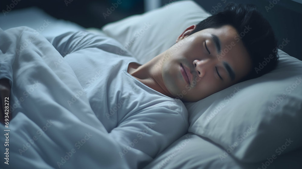 Handsome Asian man peacefully sleeping on a bed. Restful sleep, asleep. Generative AI. Handsome Asian man peacefully sleeping on a bed. Restful sleep, asleep. Generative AI.