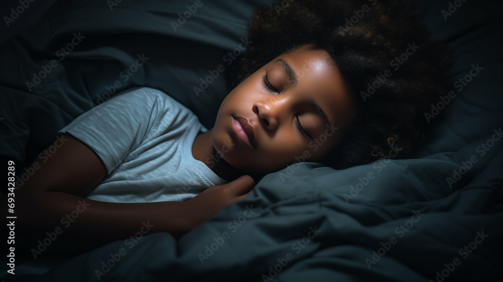 Cute African little boy peacefully sleeping on a bed. Restful sleep, asleep. Generative AI. Cute African little boy peacefully sleeping on a bed. Restful sleep, asleep. Generative AI.