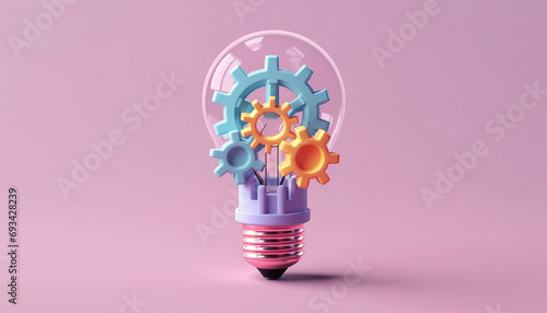 Light bulb and gears 3d render. Innovation concept. Insight icon isolated on pastel background. 3D Illustration. Pink,purple and blue. Glow Idea,teamwork,brainstorming design