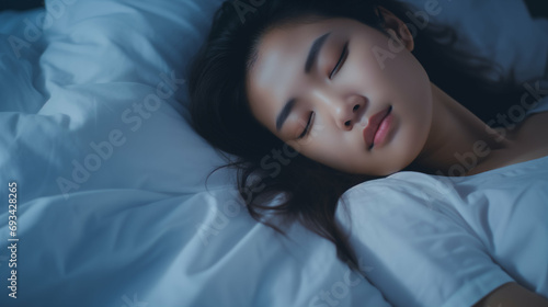 Beautiful Asian woman peacefully sleeping on a bed. Restful sleep, asleep. Generative AI. © Ladanifer