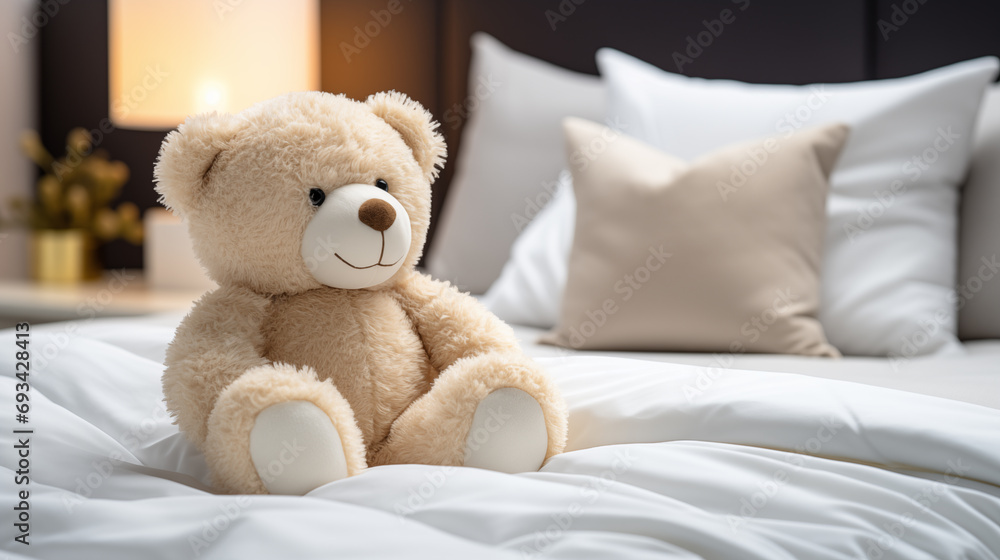 Adorable beige teddy bear, sitting in white bed