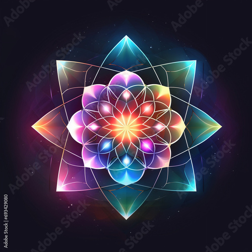 Colorful glowing sacred geometry mandala on black background