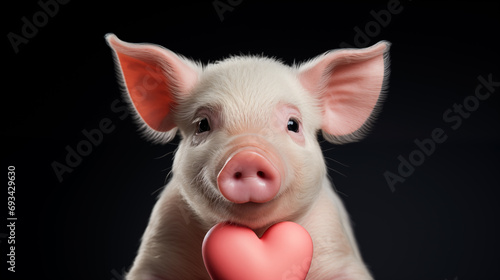 Cute little pink pig in love with heart, postcard for Valentines day on black background