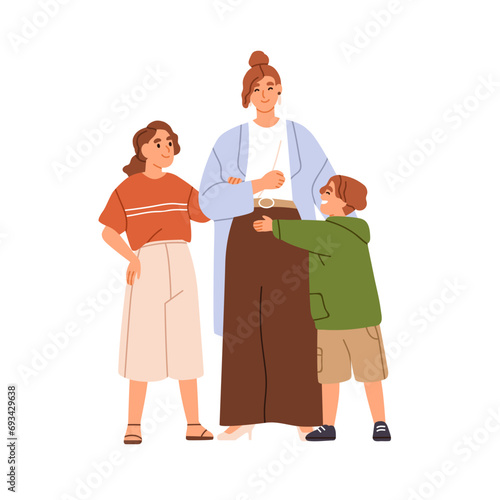 Happy single mother and kids. Boy and girl children hugging mom. Family, woman parent, daughter and son. Brother and sister embracing mum. Flat vector illustration isolated on white background