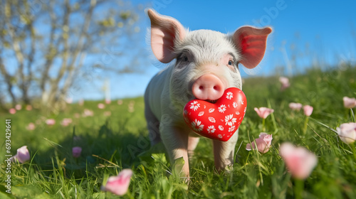 Cute little pink pig in love with red heart, postcard for Valentines day in field of grass, outdoor