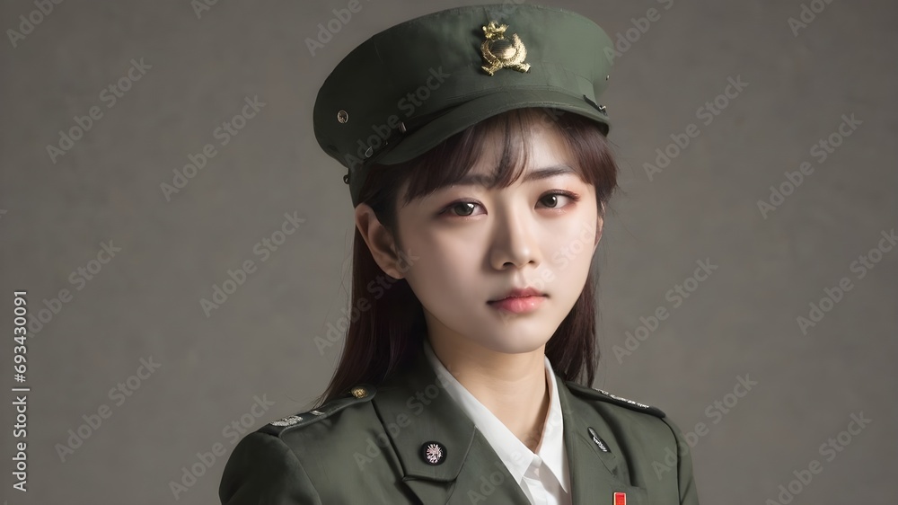 Cute Asian Girl In Military Suit Background Cute Asian Girl In Military Suit Background