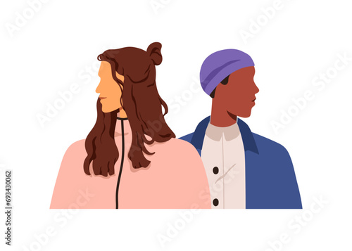Couple breakup, divorce, conflict concept. Man and woman looking at different directions, opposite visions. Partners split in relationship. Flat vector illustration isolated on white background