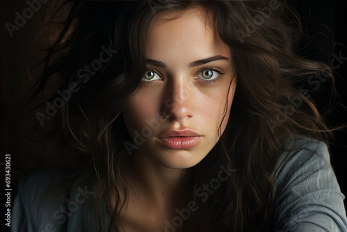 Portrait of a beautiful young brunette woman with green eyes photo