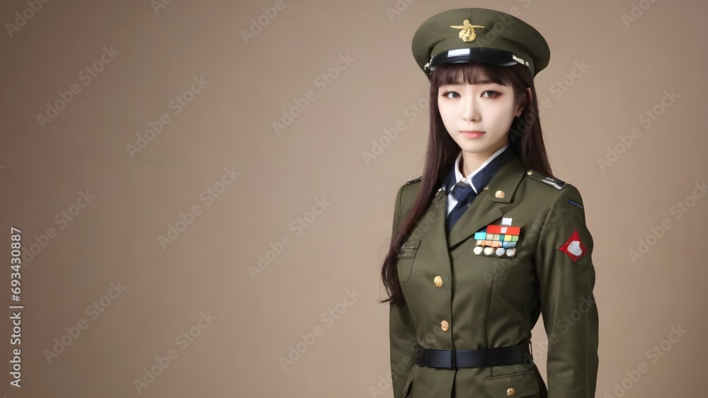 Cute Asian Girl In Military Suit Background Cute Asian Girl In Military Suit Background