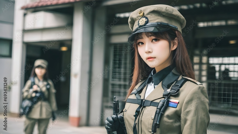 Cute Asian Girl In Military Suit Background Cute Asian Girl In Military Suit Background