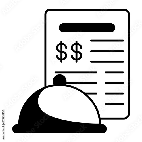 Pay Your Lunch Bill Concept, silver dish cover with Invoice vector outline icon design, Retail Food delivery service symbol, contact-less Meal Courier Sign, Grocery pickup stock illustration