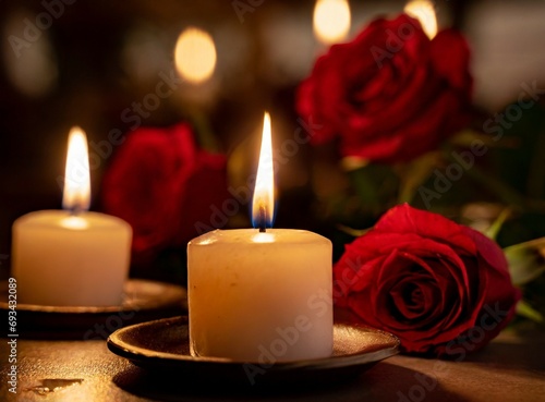 Candles and roses closeup photography. Valentine's Day, or anniversary date celebration concept. Romantic scene.