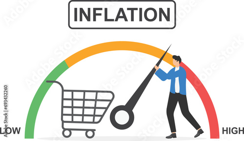 Businessmen are trying to keep meters from maximum values, regulating rising inflation. Indicator shows high inflation, economic crisis. Flat modern vector illustration.

