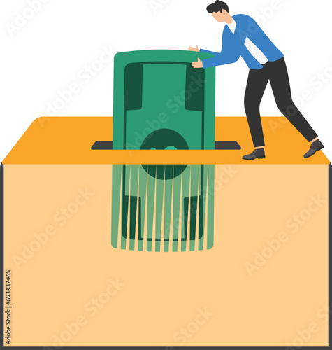 Businessmen hand feed dollar banknote money into shredder to destroy losing all his wealth. Money shreds bad investment, scam, causing losing money. Flat vector illustration.

