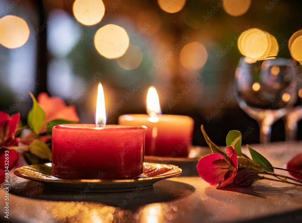 Candles and roses closeup photography. Valentine's Day, or anniversary date celebration concept. Romantic scene.