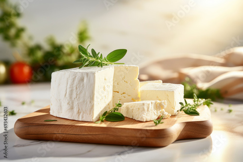 Cutting board with tasty feta cheese and herbs on table in kitchen photo