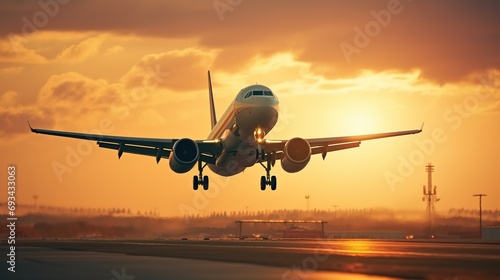 Landing a plane against a golden sky at sunset. Passenger aircraft flying up in sunset light. The concept of fast travel, recreation and business