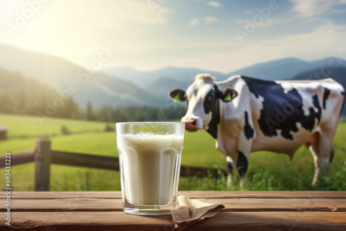 Milk in glass and cow on the background of mountain landscape. Copy space