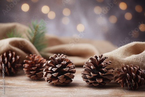 Christmas decoration with pine cones. Christmas background with space for text. photo