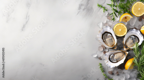 Fresh oysters with lemon, rosemary and ice background. Copy space photo