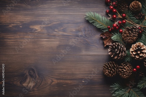 Christmas decoration with pine cones. Christmas background with space for text.