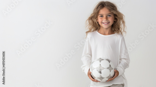 Portrait of a blond long-haired girl holding a soccer ball. Close up.  White background. 