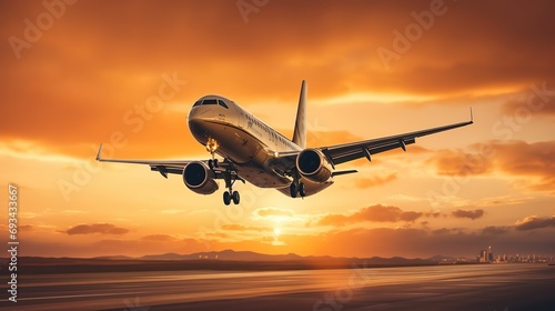 Landing a plane against a golden sky at sunset. Passenger aircraft flying up in sunset light. The concept of fast travel  recreation and business