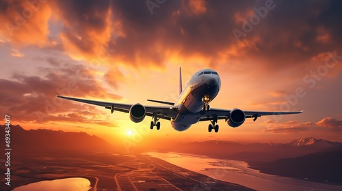 Landing a plane against a golden sky at sunset. Passenger aircraft flying up in sunset light. The concept of fast travel, recreation and business © Intelligence Studio