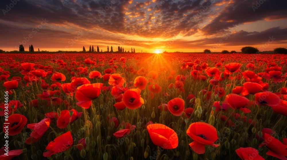 vibrant sunset over poppy field: scenic landscape in warm hues