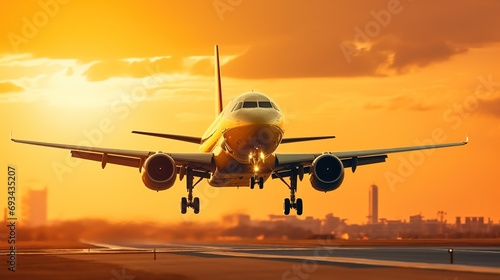 Landing a plane against a golden sky at sunset. Passenger aircraft flying up in sunset light. The concept of fast travel, recreation and business