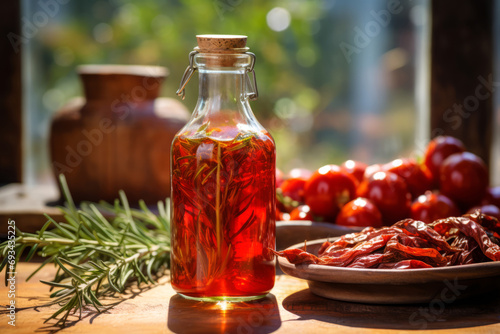 olive oil in glass bottle with red tomatoes and rosemary on wooden table