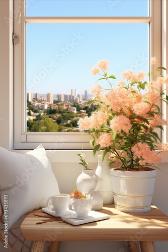 Window with flowers in the vase on the windowsill  summer landscape view from the window.
