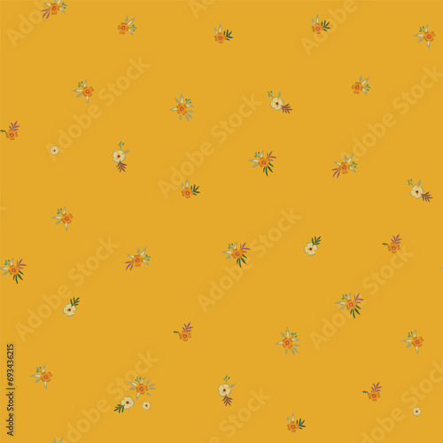 Floral vector seamless hand-drawn pattern. Very small flowers in warm colors. Nostalgic fashion textiles in retro style on a dark yellow background.