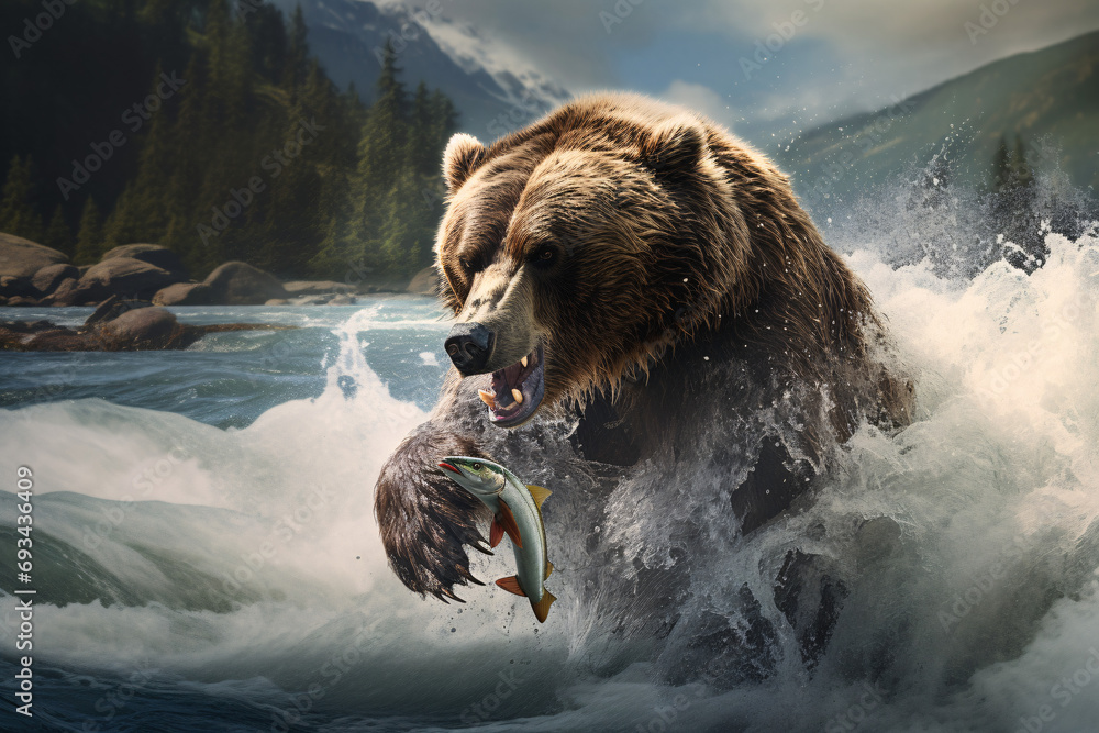 A grizzly bear catching salmon in a river in Alaska - obrazy, fototapety, plakaty 