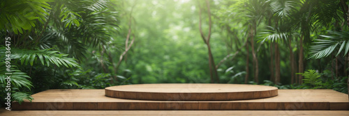 Wood podium with grass and plant ,3d render