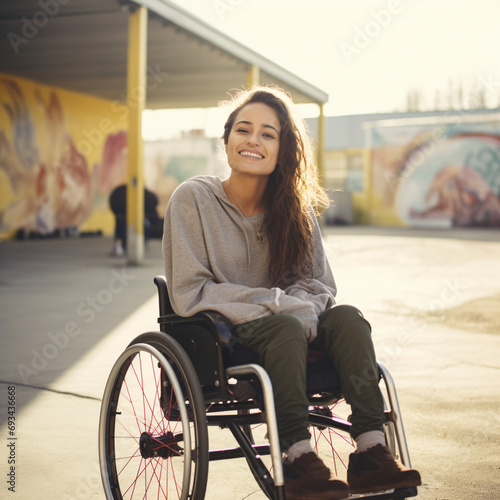 Woman in a wheelchair in a skatepark doing tricks.