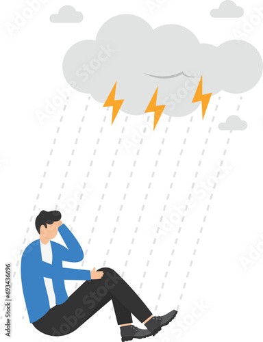 Having a bad day, disappointed work, discouraged or depressed, failure, feeling bad or difficulty, having problem and trouble concept, depressed wet businessman walking in a raining thunderstorm.

