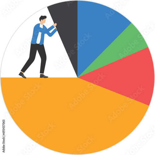 Analyst standing on pie chart pushing allocation to the best performance position. Business analysis, investment asset allocation or economic statistics.

