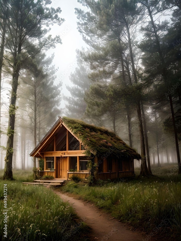 Empty Wooden Organic House in The Misty Forest with Small Road Landscape Empty Wooden Organic House in The Misty Forest with Small Road Landscape