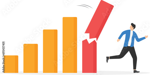 Businessman investors run away from collapsing graphs. Economic recession from high inflation, stock market crash, crisis or depression, investment risk or price drop causing money loss concept.

