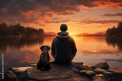 A man and his dog sitting at a lake during sunset