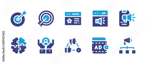 Marketing icon set. Duotone color. Vector illustration. Containing digital marketing, viral marketing, rating, promotion, usp, advertising, dartboard, target, puzzle, customer care.