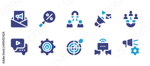 Marketing icon set. Duotone color. Vector illustration. Containing newsletter, magnet, marketing, digital marketing, campaign, pr, search, attraction, innovation, board.