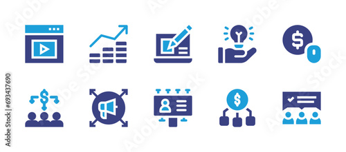 Marketing icon set. Duotone color. Vector illustration. Containing money, pay per click, hand, viral marketing, team review, budget, video marketing, cost per acquisition, web design, billboard. photo